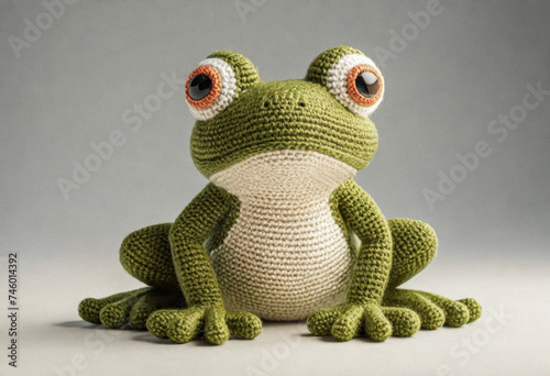 Little cute frog handmade toy on simple background. Amigurumi toy making, knitting, hobby © Павел Абрамов