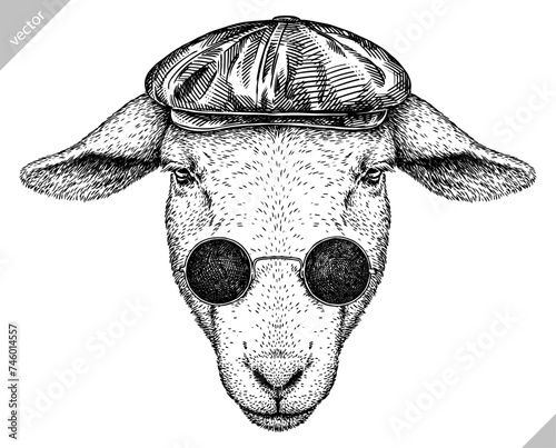 Vintage engraving isolated lamb glasses dressed fashion set illustration ram ink sketch. Farm animal sheep background mutton silhouette sunglasses hipster hat art. Hand drawn vector image