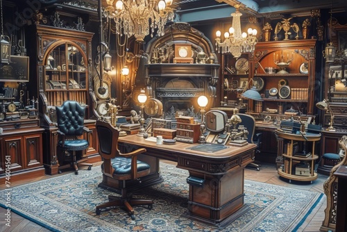 Victorian Steampunk Office With Chandelier and Lots of Furniture photo