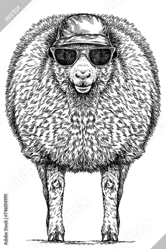 Vintage engraving isolated lamb glasses dressed fashion set illustration ram ink sketch. Farm animal sheep background mutton silhouette sunglasses hipster hat art. Hand drawn vector image