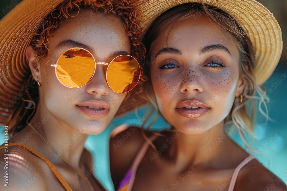 Close-up of two vibrant young women wearing trendy sunglasses, showcasing their freckle-faced beauty
