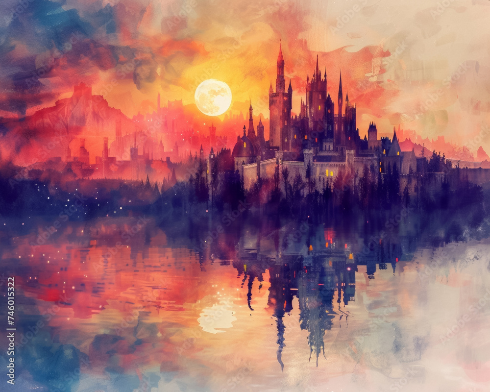 Fototapeta premium Ancient kingdoms at dawn watercolor majestic castles reflecting in serene lakes