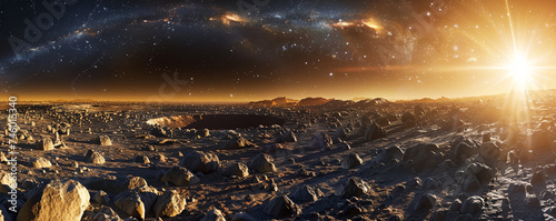 Asteroid belt panorama cosmic dance of rocky bodies under a distant suns glow deep space view photo