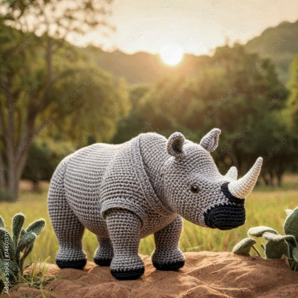 Fototapeta premium Little cute rhino handmade toy on beautiful summer landscape background. Amigurumi toy making, knitting, hobby
