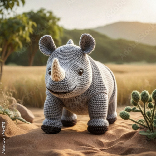 Little cute rhino handmade toy on beautiful summer landscape background. Amigurumi toy making  knitting  hobby