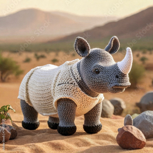 Little cute rhino handmade toy on beautiful summer landscape background. Amigurumi toy making, knitting, hobby © Павел Абрамов