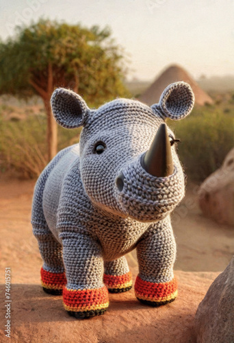 Little cute rhino handmade toy on beautiful summer landscape background. Amigurumi toy making, knitting, hobby © Павел Абрамов