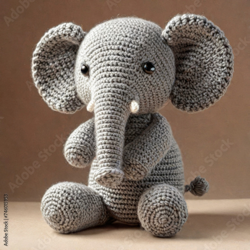 Little cute elephant handmade toy on simple background. Amigurumi toy making, knitting, hobby