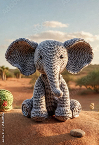 Little cute elephant handmade toy on beautiful summer landscape background. Amigurumi toy making, knitting, hobby © Павел Абрамов