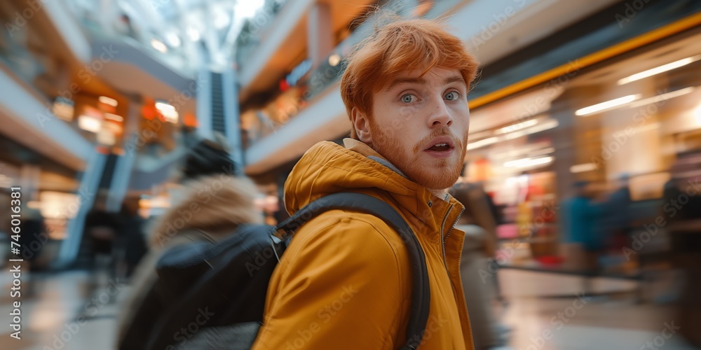 A young red-headed Caucasian man exudes confidence and charisma as he strikes a dynamic pose against the blurred backdrop of a modern, motion-blurred shopping mall filled with bustling shoppers.