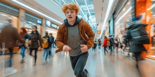 A young red-headed Caucasian man exudes confidence and charisma as he strikes a dynamic pose against the blurred backdrop of a modern, motion-blurred shopping mall filled with bustling shoppers.