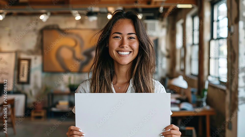 female person smiling holding empty paper for message