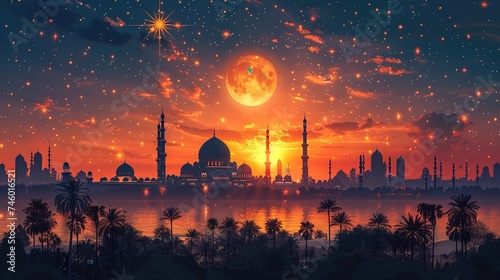 Ramadan Kareem with mosque and orange moon Islamic greeting card template with ramadan for wallpaper