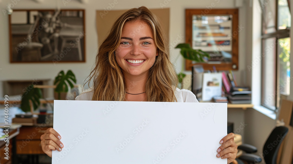 female person smiling holding empty paper for message female person smiling holding empty paper for message