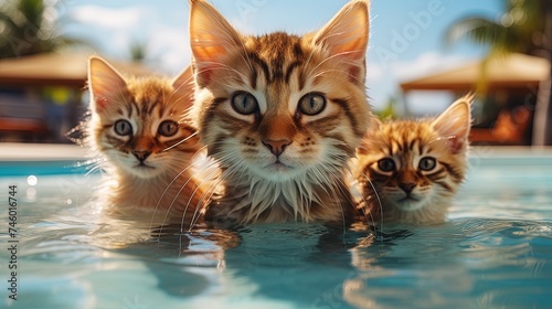 Cats swim in an outdoor pool at Tropical hotel resort, leisure and luxury relaxation