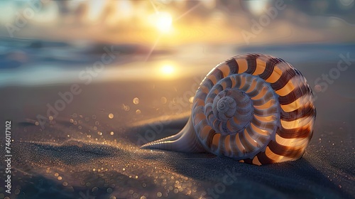 Immerse yourself in coastal serenity with our soft sunset images. Discover nautilus sea shells on a golden sand beach, the waves caressed by the warm hues of sunset. Perfect for tranquil designs