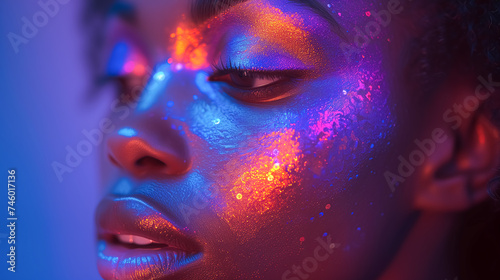 Close-up of African female model with beautiful neon sparkling creative makeup. Night club vibes, fashion advertising, modern and trendy iridescent gradient colors.