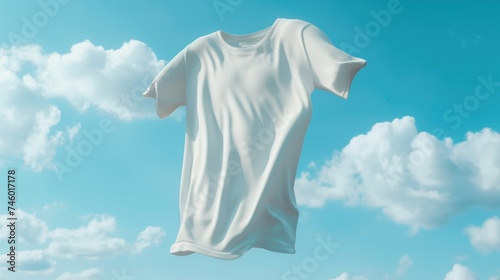 Clean blue t-shirt floating on a blue sky background photo