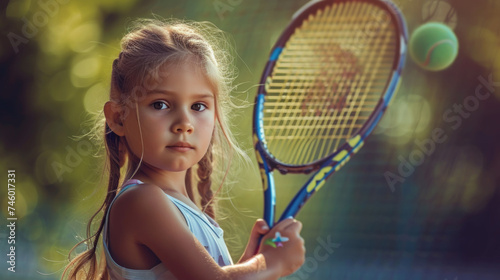 Girl child playing tennis and holding tennis racket ready to hit a ball