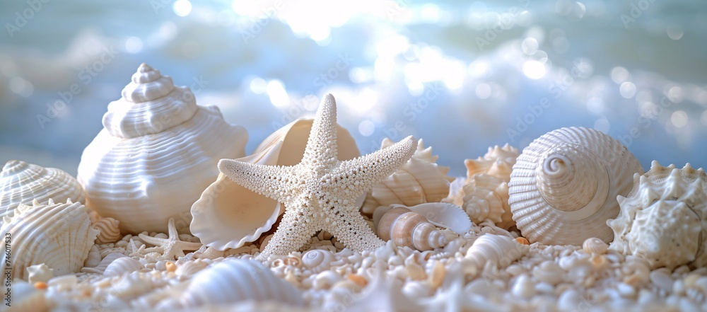 A serene close-up of various seashells and a starfish artistically arranged on a sandy beach with a sparkling ocean backdrop