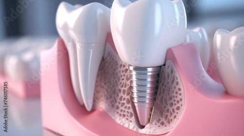 Detailed rendering of a dental implant within the jawbone, showcasing the structure and placement next to healthy teeth.