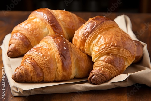 Freshly baked croissants displayed on the right side of the frame against a sandy beige background.