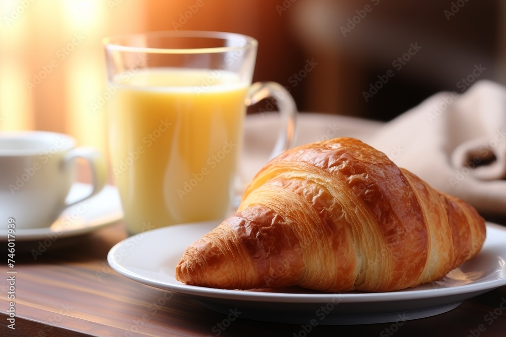 Plate of fresh croissants on beige background, ideal for bakery or food-themed designs.