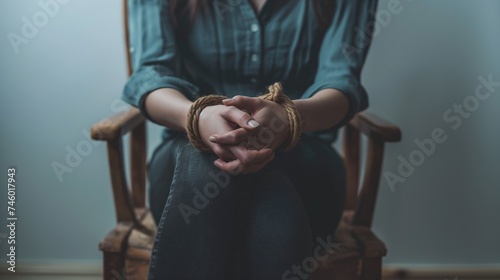 Closeup woman sitting on the chair with tied hands by rope 