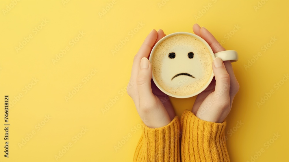 Closeup woman hands holding coffee cup with sad face drawn on coffee, top view angle on isolated yellow background - obrazy, fototapety, plakaty 