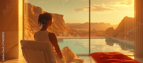 A graceful woman in a luxurious modern room with panoramic windows overlooking epic red rock formations at sunset
