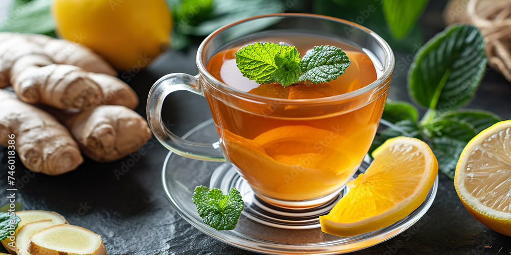 Cup of healthy ginger tea with mint leaves Cup of healthy ginger tea with mint leaves