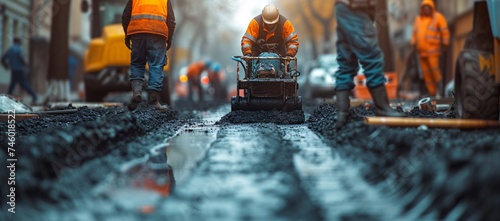 An intense scene showcasing road repair workers meticulously paving fresh asphalt on a city street photo