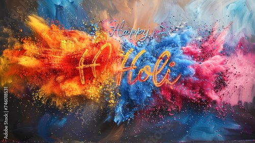 happy holi text with explosion of colors
