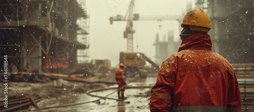 Industrial scene of construction workers enduring the rain while working at an urban development site