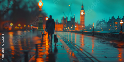 Rainy Twilight Wander: A Person and Their Dog on a Misty London Street. Generative AI.