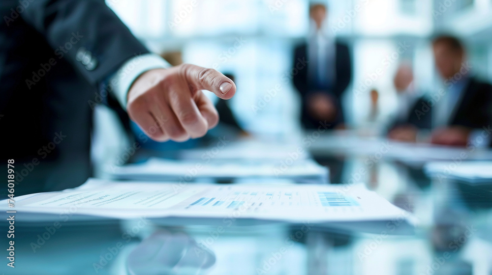 Fototapeta premium A strategic planning session with a leader pointing to key objectives on a roadmap spread across the meeting table, business meeting, blurred background, with copy space