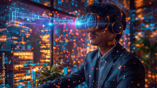 Digital immersion: executive dons a VR headset to engage with virtual charts in office