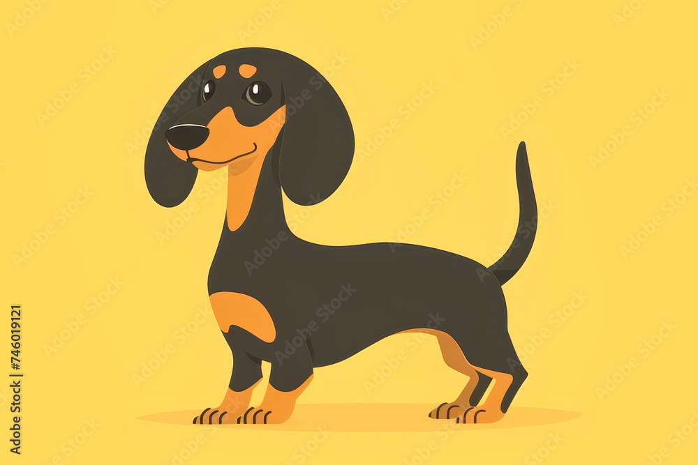 A charming dachshund stands proudly on a yellow background, showcasing its long silhouette and friendly demeanor in a minimalist illustration.