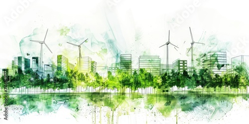 Generative AI, Watercolor painted green ecology urban landscape, Sustainable Living, Eco-Friendly concept