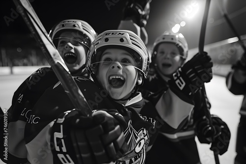 Children celebrating victory after an ice hockey game, Joyful celebrations, Team camaraderie, Victory cheers