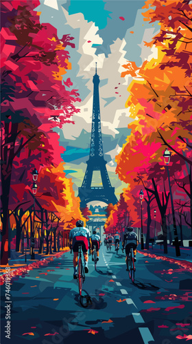 Colorful illustration cyclists marathonist in Paris with the Eiffel Tower in the background, Olympic Games, tour de france