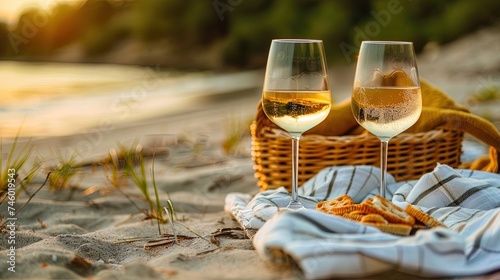 Two glasses of white wine with crackers on the beach at sunset, ai generative