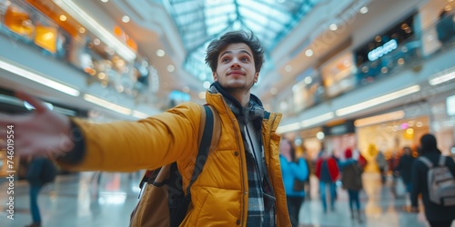 A young black-haired Caucasian man exudes confidence and charisma as he strikes a dynamic pose against the blurred backdrop of a modern  motion-blurred shopping mall filled with bustling shoppers.