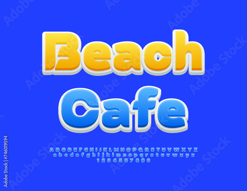 Vector touristic poster Beach Cafe. Blue and White modern Font. Set of Alphabet Letters and Numbers