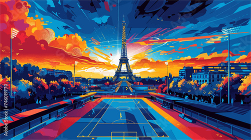 Colorful illustration of a sports track in Paris with the Eiffel Tower in the background, Olympic Games 2024.