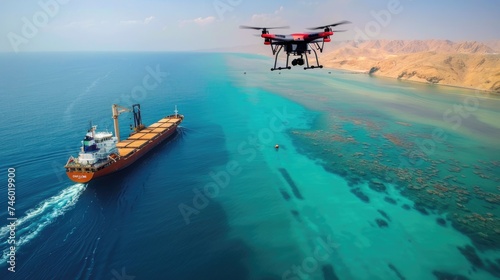 Small commercial drone attacks  commercial freightliner on red sea © Budimir