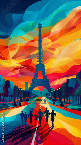 Colorful illustration of a persons running in Paris with the Eiffel Tower in the background, Olympic Games