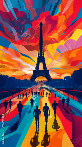 Colorful illustration of a persons running in Paris with the Eiffel Tower in the background, Olympic Games