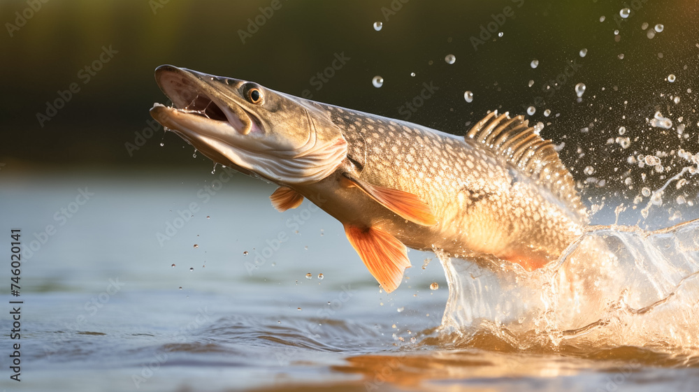 Fresh water pike fish jumping out of the water. Fishing concept. Background with selective focus.

