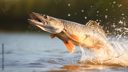 Fresh water pike fish jumping out of the water. Fishing concept. Background with selective focus.